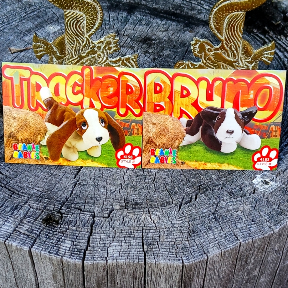 Beanie Babies Official Club 90s Collectors Cards Tracker And Bruno Dog Pup Set